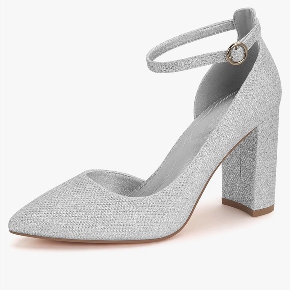 Silver Block Heel Ankle Strap Pumps - Picture 1 of 9